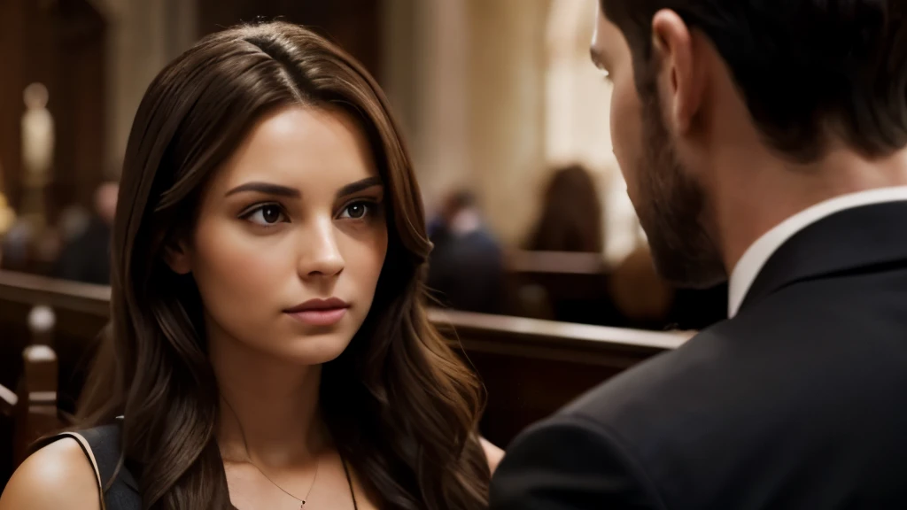 (Better image quality)A man, with dark clothing, looking at a beautiful woman with brown eyes and brown hair;in a Christian church ;very realistic image .