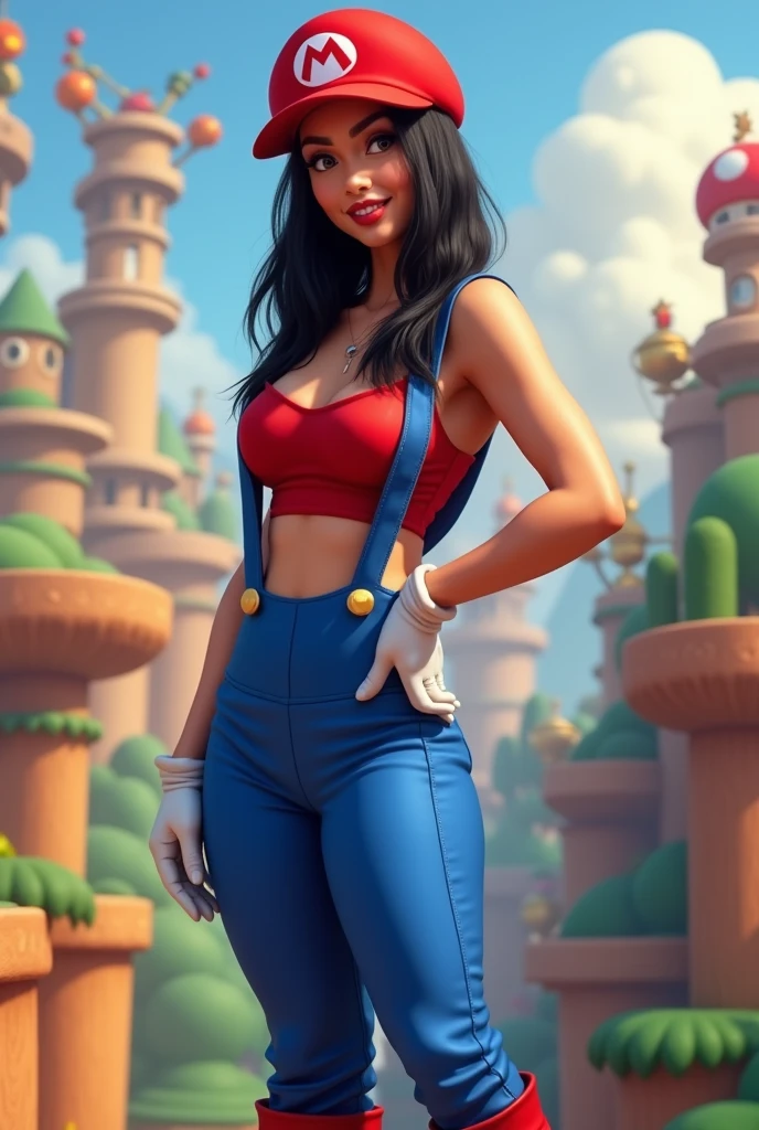 A stunning woman with shoulder-length straight black hair, vestida con un divertido disfraz de mario. He wears a red cap with a logo on it. "m", a red crop top, a blue jumpsuit with a strap down, white gloves and red boots. She is standing with a funny pose, a hand on the hip and a cheeky smile. El fondo muestra un mundo extravagante de mario con plataformas flotantes y potenciadores.