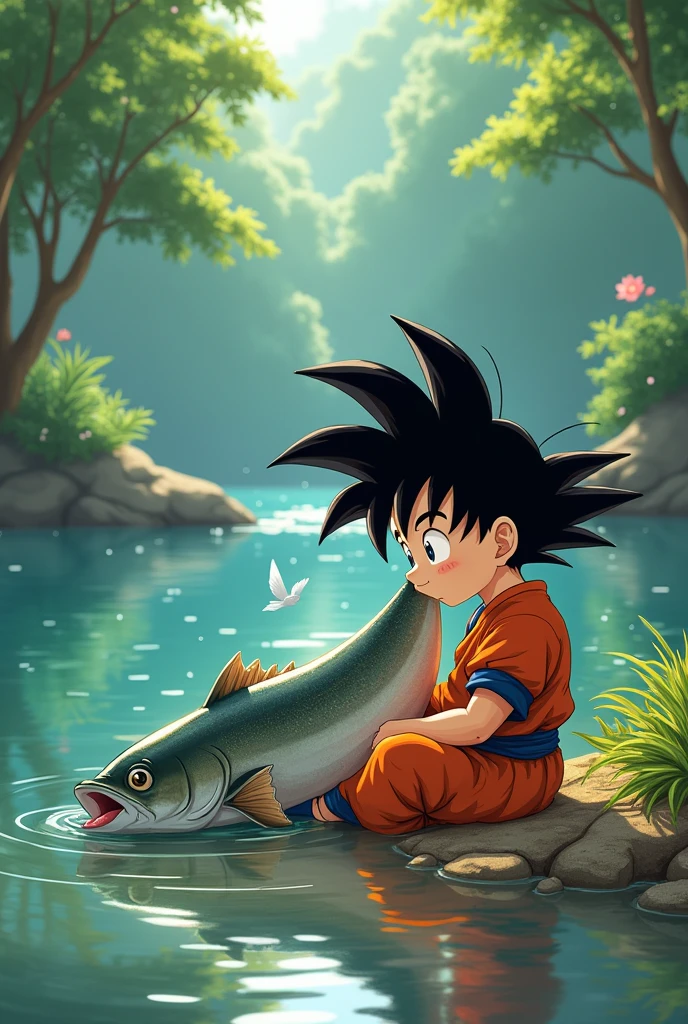 Goku ??? eating a giant fish looking at the river