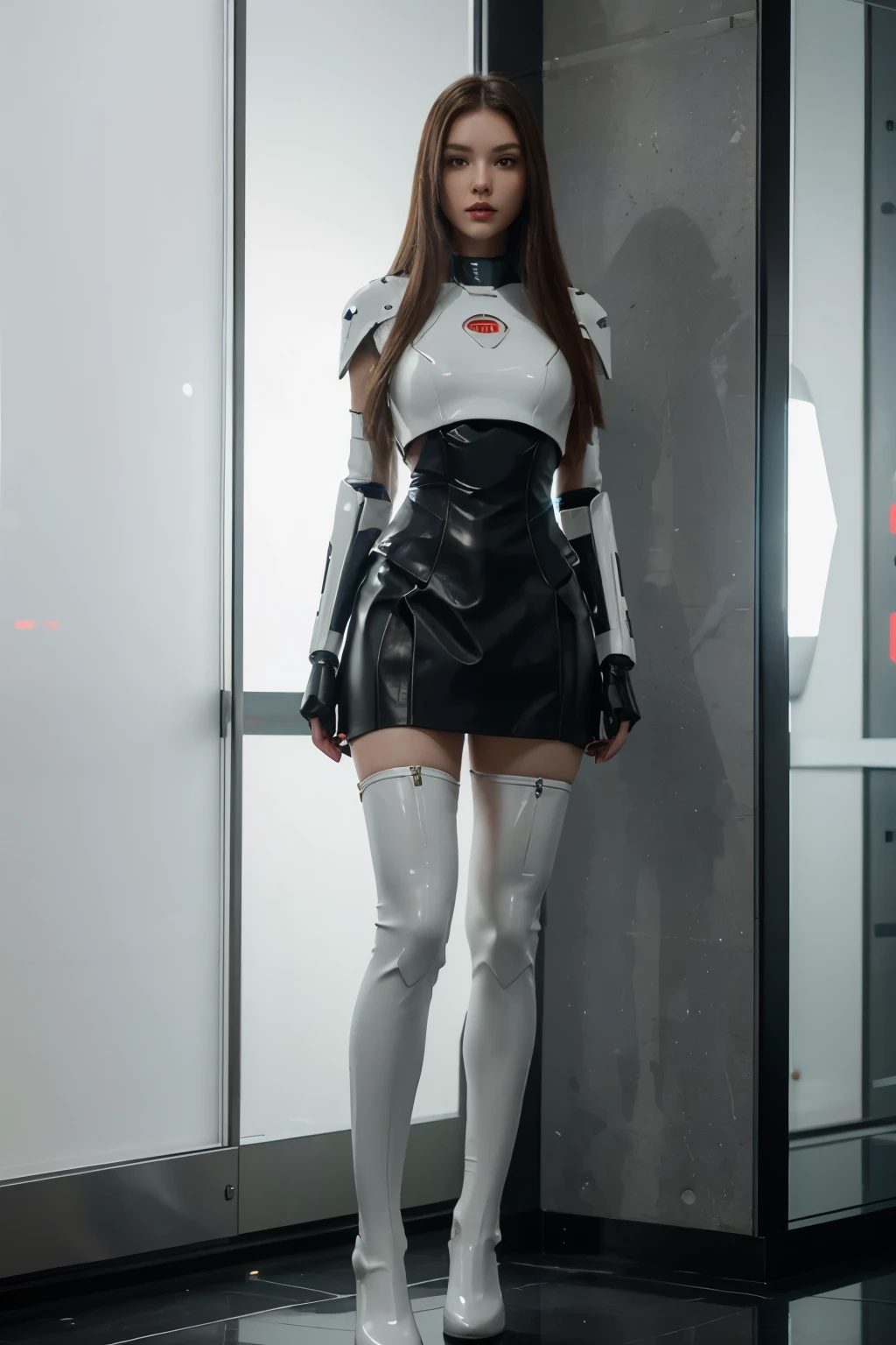 scifi android female, straight hair, Pretty red lips, well detailed, hyper realistic, masterpiece, good lighting with white background, Full body shot, nice body very attractive, slender beautiful, armor science fiction space robot, Waders, black stockings, short skirt, Full body shot, oriental features