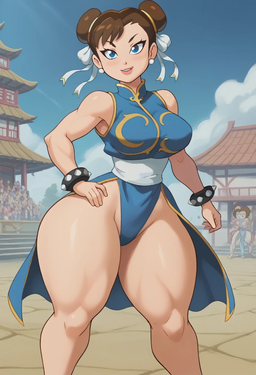 score_9, score_8_up, score_7_up, BREAK, LPB, brown hair, hair bun, blue eyes,   wide hips, thick thighs, massive thighs, busty, cosplaying as chun li from streetfighter, black flsts