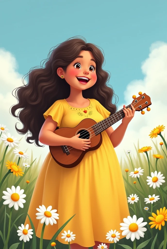 i want a chubby fatty very healthy girl cartoon who has very long most curly hair. she should wear a yellow dress and playing ukulele. the background should be with white and yellow daisy flowers. boobs should not be too visible and not too big. standing. full sleeve and neck should be cover fully. more fatty. blue sky