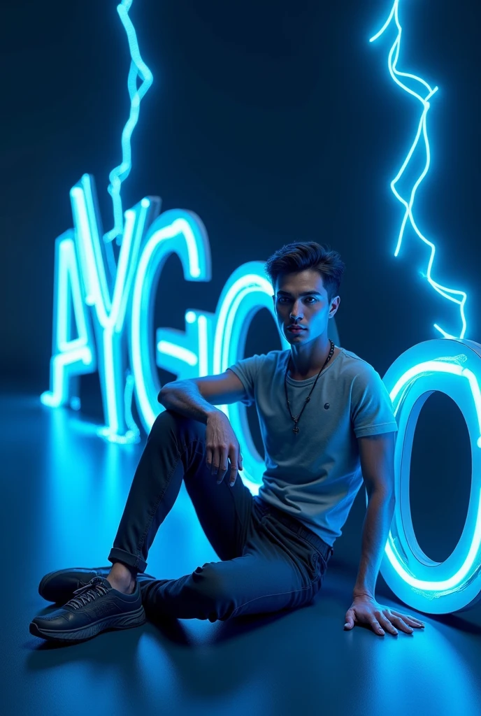 Skinny handsome Guy sitting beside the name text “AYGO” with Blue neon Lightning effects 3D Pic Hot sexy Pic without clothes