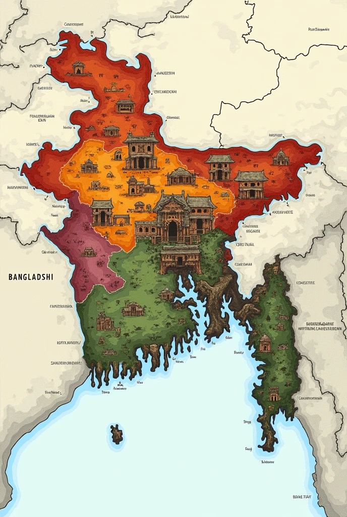 Draw a bangladeshi map as the country like it is being constructing again by the people