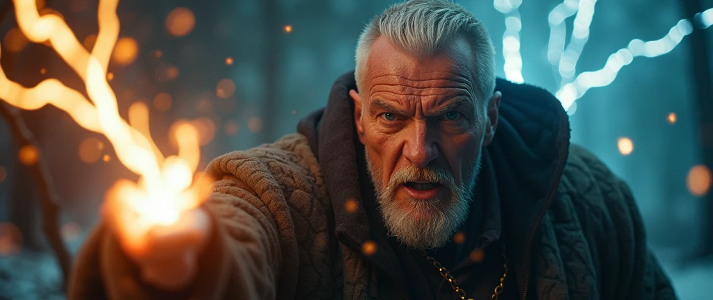real style,Dutch angle:1.2,double exposure,splash art,Hyperdetailed,Hyperrealistic,Realism,RAW photography of a old man wearing a sorcerer outfit,short blonde buzz-cut hair and goatee,as a sorcerer,lightnings,attacking with lightnings,angry expressions,realistic style,4k ultra fine detailed,cinematic,photo realistic,dynamic lighting,masterpiece,12k,high definition,behance contest winner,smooth,ultra high definition,ultra sharp focus, intricate artwork masterpiece