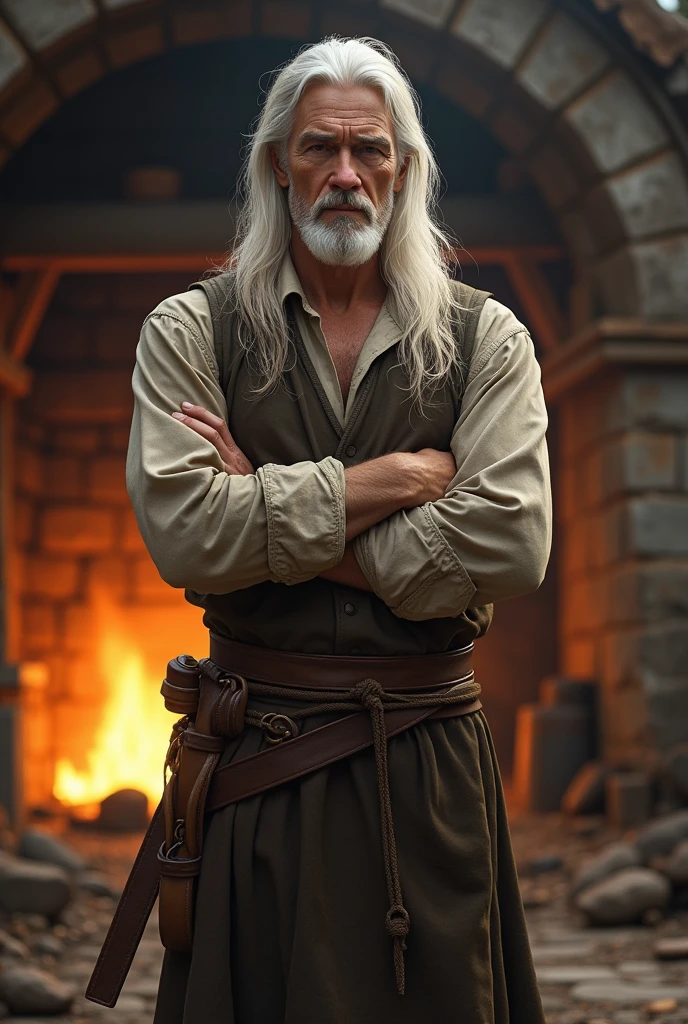 (photorealism:1.2), pale strong lad, standing in front of the forge, wearing blacksmith clothes, long white straight hair, outdoors, soft lighting, forge in background, relaxed pose, realistic, intricate details, warm colors, by Greg Rutkowski, by Alphonse Mucha