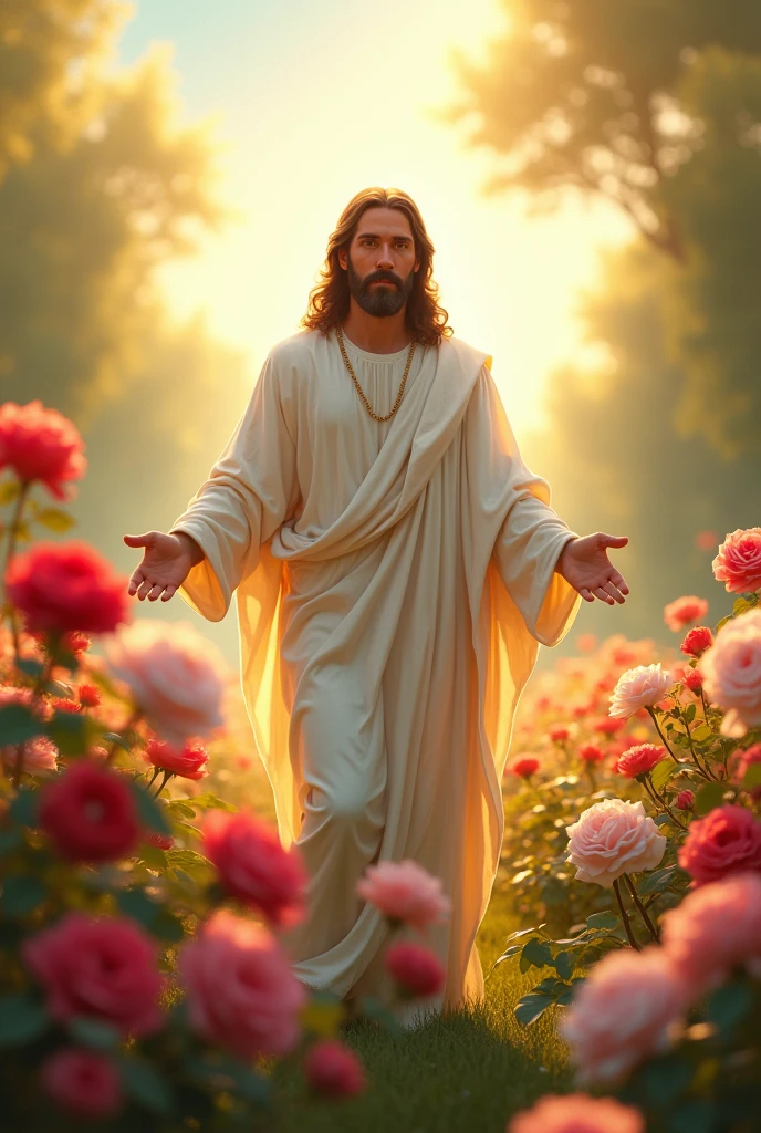 Make an image of Jesus of Mercy in a field of roses,on a beautiful, sunny day in the form of an invitation to a 71-year mission