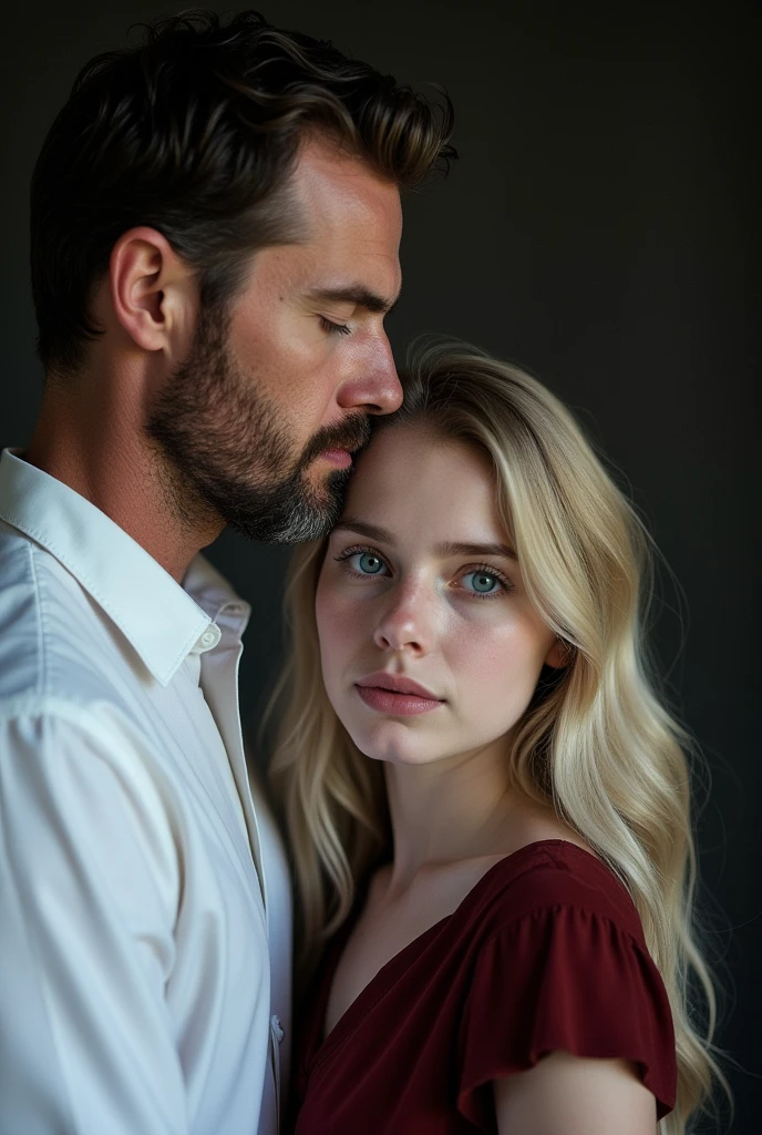 Father and daughter photo, the blue-eyed white man father, stark, with black hair and stubble, dressed in a white dress shirt and his 19-year-old daughter, blue eyed blonde in dark red dress, receiving a kiss on the forehead, by the father