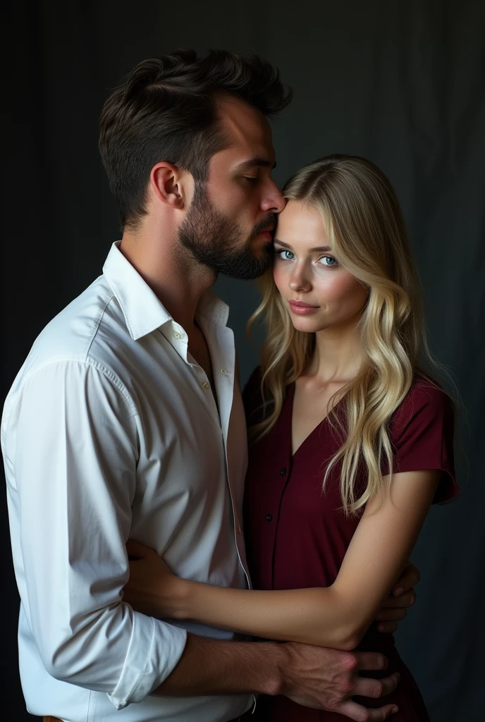 Father and daughter photo, the blue-eyed white man father, stark, with black hair and stubble, dressed in a white dress shirt and his 19-year-old daughter, blue eyed blonde in dark red dress, receiving a kiss on the forehead, by the father