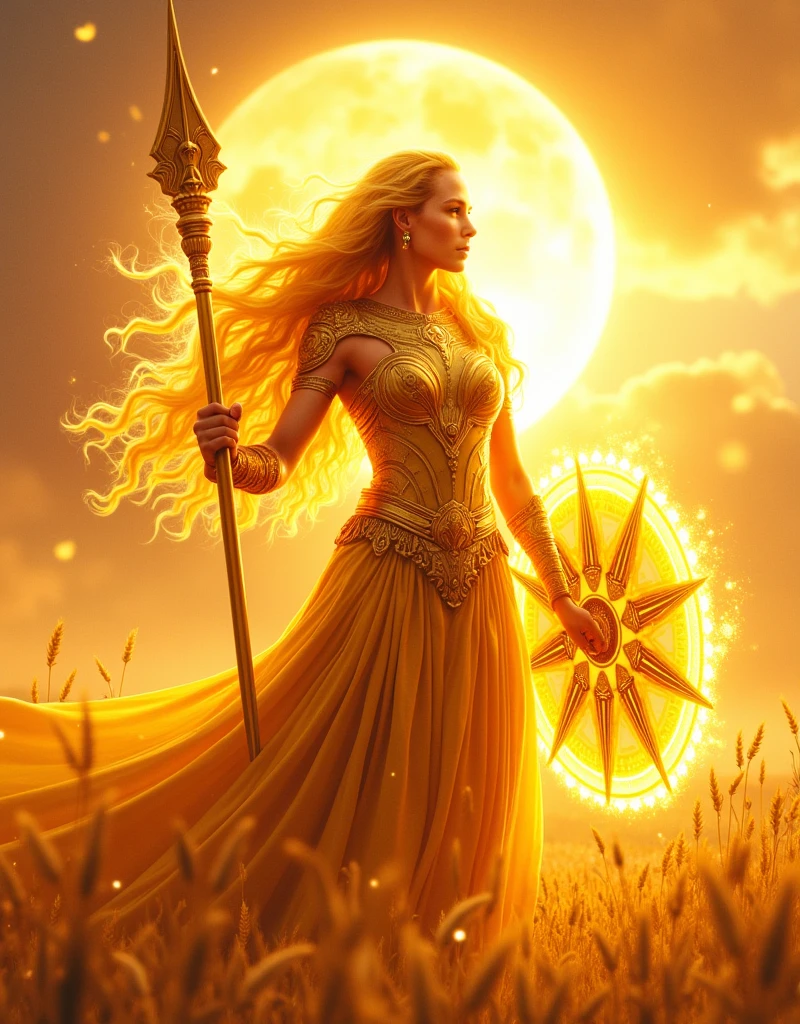 (Solara - Guardian of the Sun:1.4), (masterpiece:1.4, best quality), (photo realistic:1.4), radiant and powerful, with an aura of blazing sunlight, golden skin that glows with warmth and energy, (long, flowing hair made of golden flames:1.2), (bright, amber eyes that shine like the sun:1.2), dressed in armor crafted from sun-forged metal, intricately designed with solar motifs, (sun rays emanating from behind her, creating a halo effect:1.2), holding a radiant sun-shaped shield and a blazing spear, (background of a bright, clear sky with the sun at its zenith:1.2), (fields of golden wheat swaying in the sunlight:1.2), rich textures, warm and vibrant colors, (deep golds:1.2), (fiery oranges:1.2), (soft, glowing whites:1.2), (dynamic composition with flowing lines and radiant light:1.2), high-quality and detailed, (empowering and majestic atmosphere:1.2), transcendent and awe-inspiring, perfect image quality, symbolizing the strength, warmth, and life-giving power of the sun, captivating and majestic presence