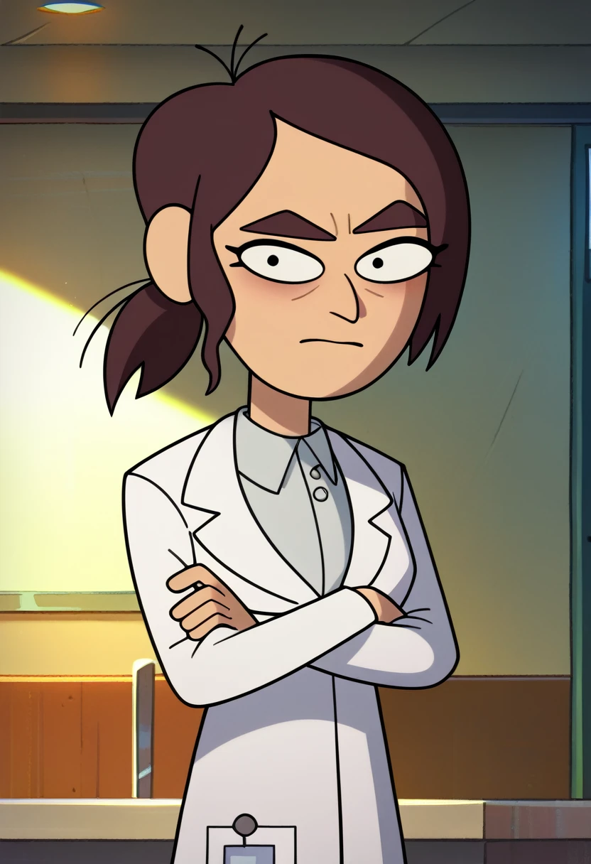 reaganij, 1girl, short ponytail, solo, brown hair, labcoat, grey shirt, indoors, thick eyebrows, looking at viewer,, score_9, score_8_up, score_7_up, score_6_up, score_5_up, score_4_up, crossed arms,