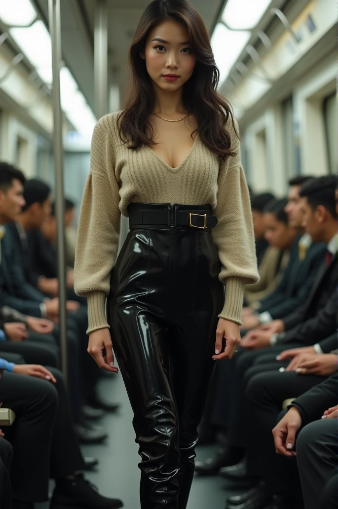Pretty Asian girl wearing the tallest glossy black thigh-high boots on Subway train. Her boots are as tall as possible. The tallest ever. Pictured from the front. She has them on over dark grey leggings with a beige jumper. Very sexy.