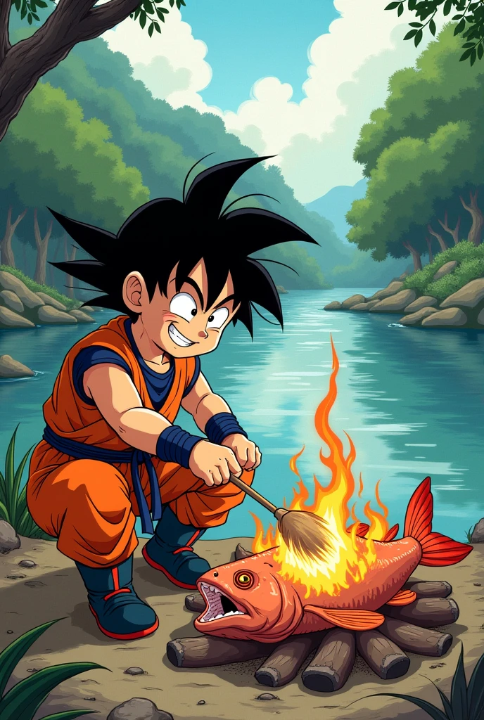 Goku cooking a giant fish looking at the river