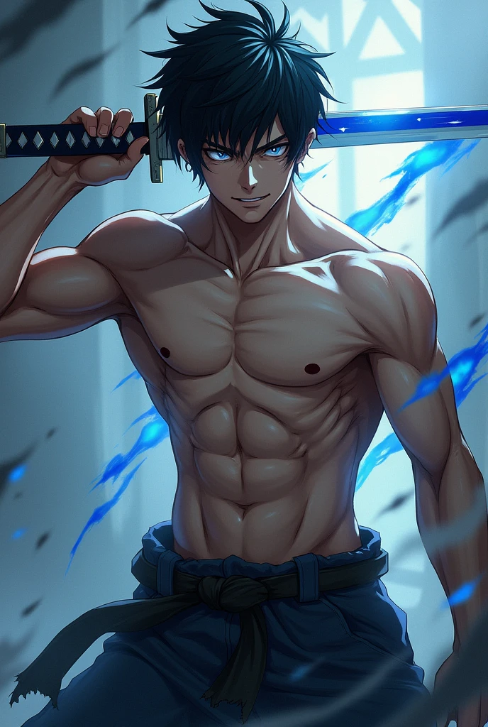 Demon Slayer Screenshot.
Boy with black hair, white eyes, a scar on his left eye, a smile and a blue and white katana. Tall muscular body without a shirt and wearing baggy pants with an erection.