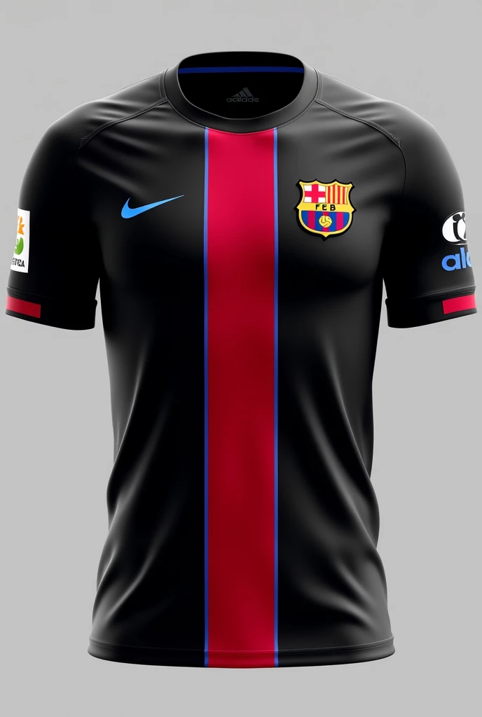 FC Barcelona soccer jersey in black with a red stripe in the middle and blue lines and a light blue sponsor