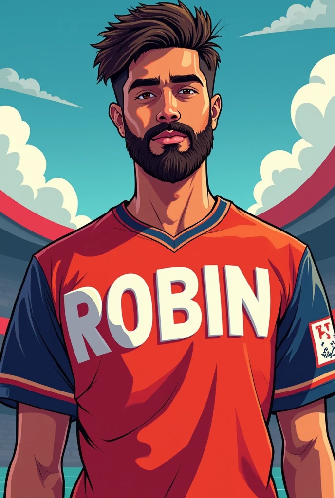 A 23 years age boy with beard
Brunette skin tone
Bangladeshi face cutting
with a jersy cartoon art
His jersy name is ROBIN with big Alphabet 4k