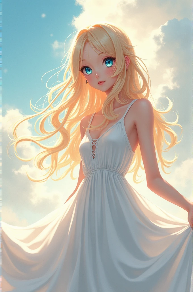 Anime Girl With Long Soft Blonde Hair With Blue Eyes And Long White Dress
