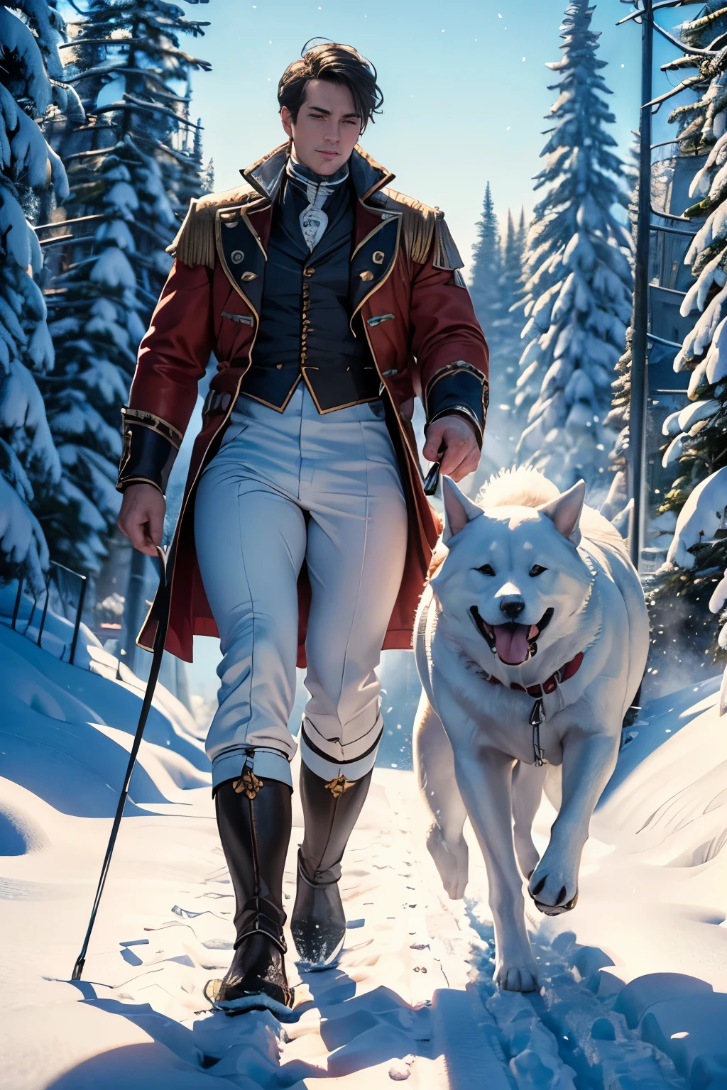 ((best quality)), ((masterpiece)), (detailed), perfect anatomy, highly detailed genitalia, highly detailed feet, highly detailed toe and toenails, highly detailed hands, highly detailed fingers and fingernails, highly detailed human ears, highly detailed face, highly detailed eyes, highly detailed nose, highly detailed mouth, highly detailed hair, highly detailed skin, highly detailed tongue, (((a man walking with dog across snowy lands of alaska in 1800s))), detailed portrait, realistic, photorealistic, (best quality,8k,highres,masterpiece:1.2),ultra-detailed,(realistic,photorealistic,photo-realistic:1.37),HDR,UHD,studio lighting,extreme detail description,professional,vivid colors,landscape,winter,cold,snowflakes,soft light,atmospheric lighting