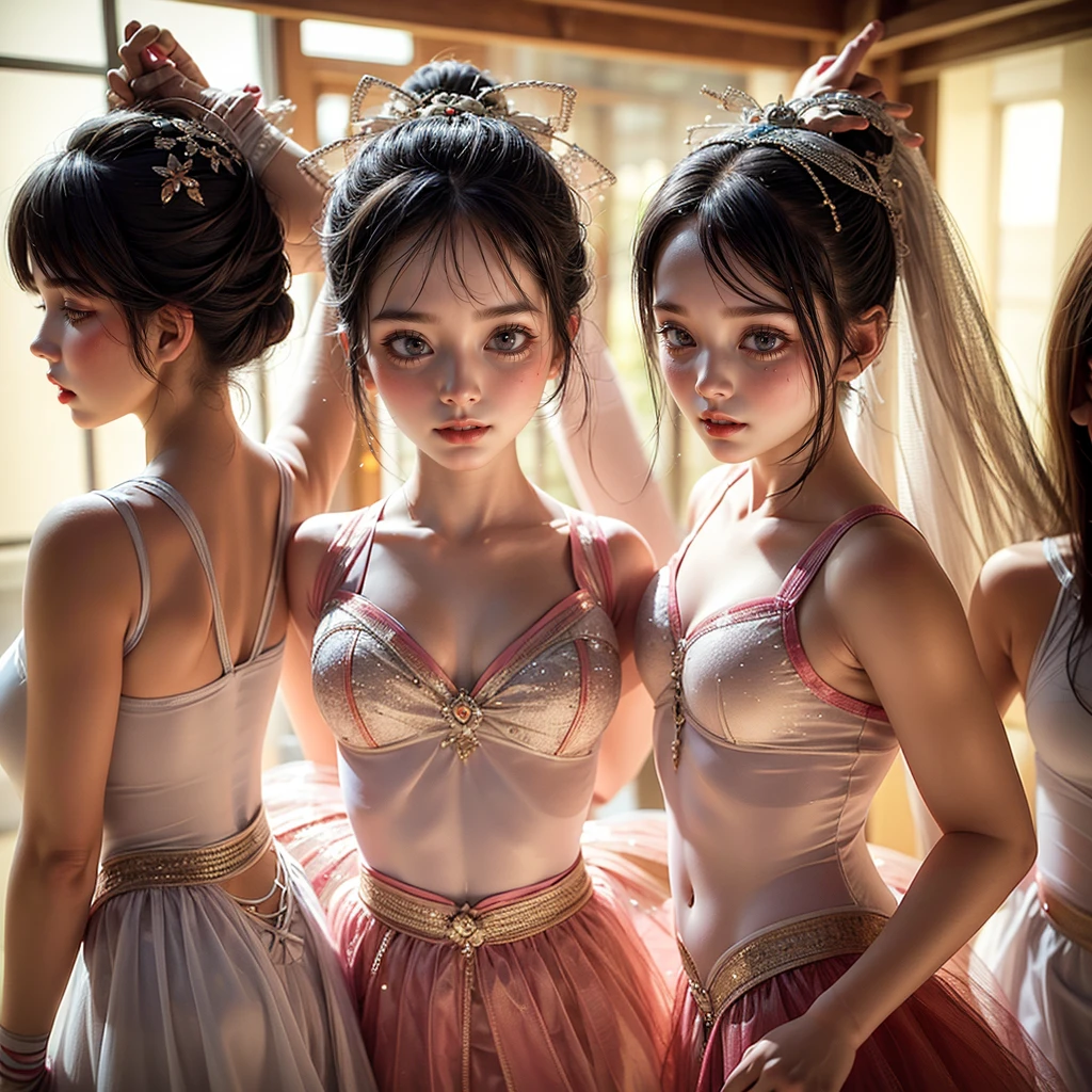 SFW, ExtremelyDetailed (((Kawaii Ballet Girls Group in a row:1.37))), Childish perfect face, Reflective Eyes, Detailed(Delicate Clothing textures), Dynamic Joyful Expressions LifeLike Rendering, (Specular Reflection:0.2), TopQuality 8K Ultra-detailed masterpiece (ProfessionalPhoto:1.37), (Acutance:0.8), (Luminism:1.28), (Light particles:0.75), (Muscle:-0.5), facing away (from side ) (Clearly visible Beautiful hip shape)