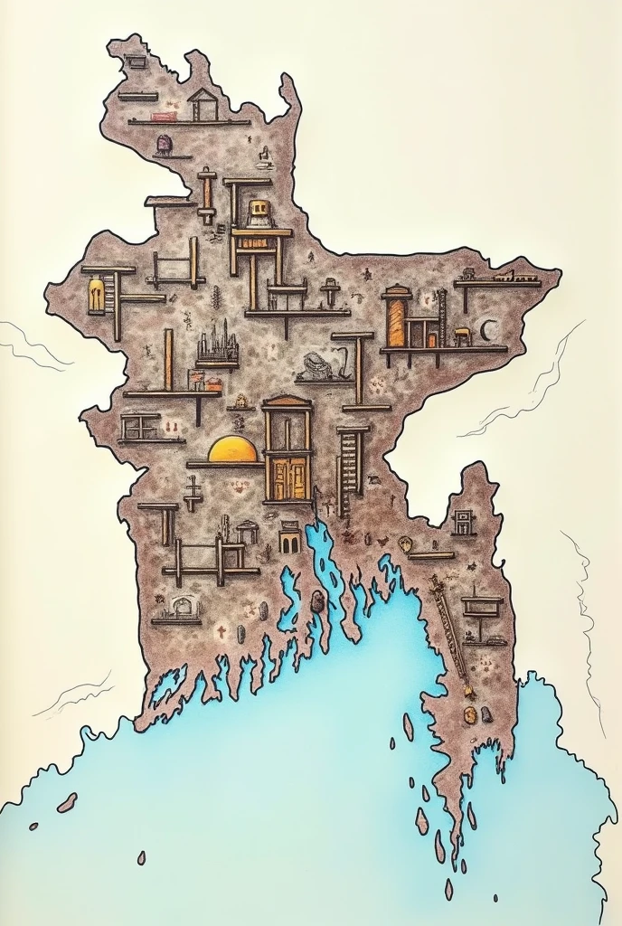 Draw a bangladeshi map as the country like it is being constructing and building again by people, show some construction process