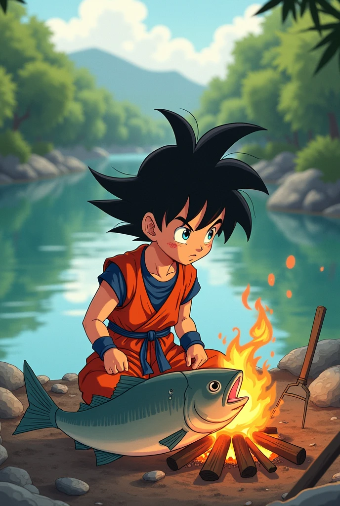 Goku ??? cooking a giant fish looking at the river