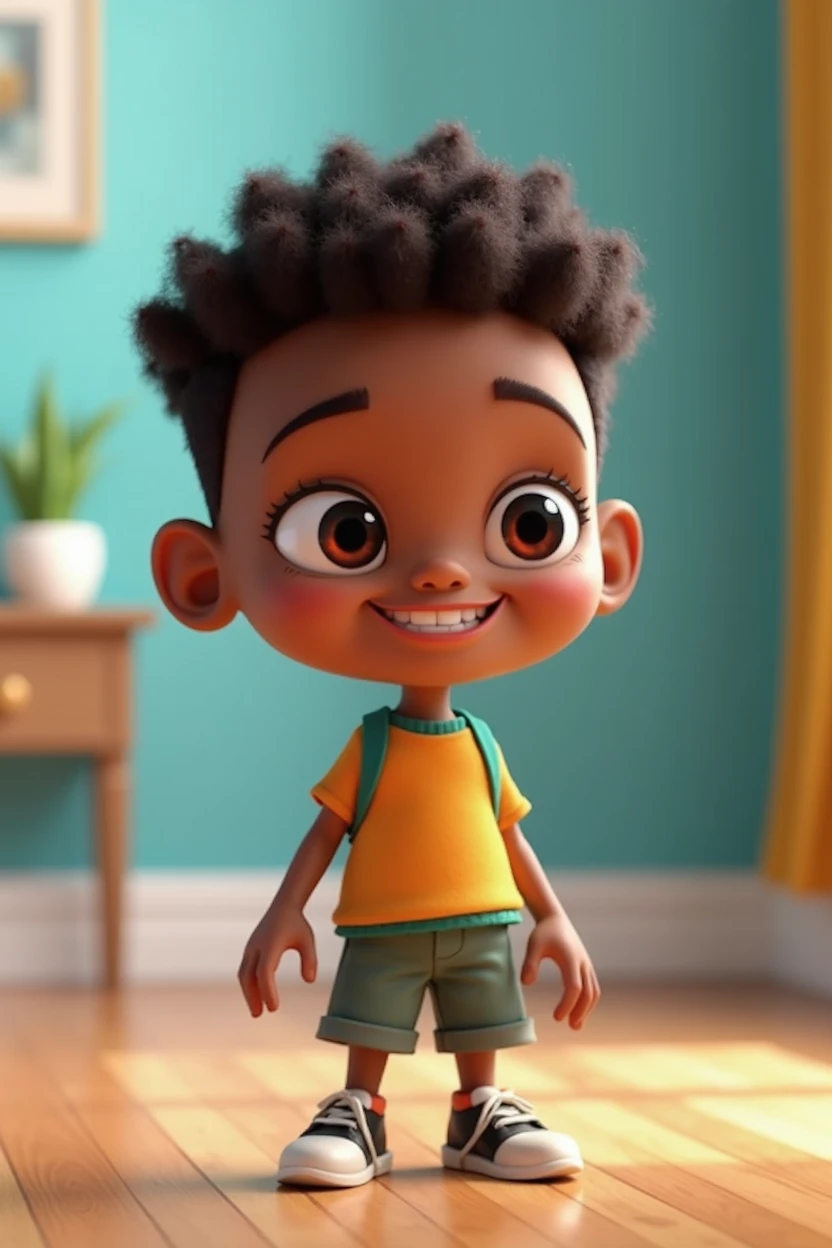 description: Make a bot
Features: He's 6 years old
Scenario: Tipo de desenho Disney
Compartilhar: disney pixar style cover, cartoon, detailed, a little fat ???, dark skinned, smiling, having fun
quality: Pixar, ..3d, Disney
Criando Personagem Disney, Pixar