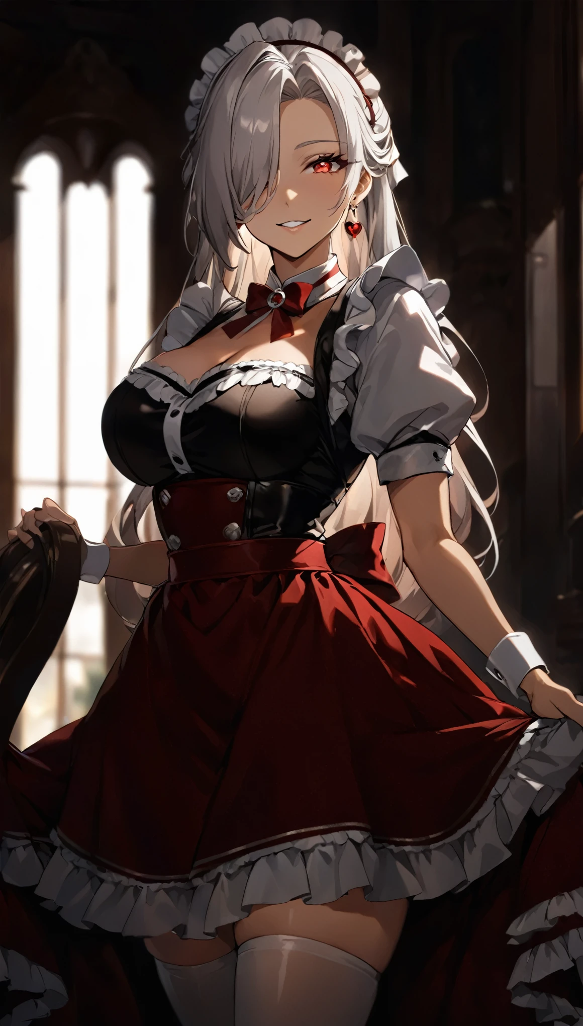 4k, masterpiece, best quality, (detailed face and eyes_1.4), (Irisviel Von Einzbern), (Fate/Zero), detailed skin, cowboy shot, detailed, 1girl, 27 years old, mature body, big breasts, solo, white hair, red eyes with heart-shaped pupils, long hair, loose hair, mole under left eye, hair covering right eye, small smile, steam coming out of mouth, parted lips, highly detailed and elaborate maid outfit, black and white dress, lace trim, frills, apron with bow, fitted bodice, puffed sleeves, layered skirt, thigh-high stockings, villain smile, red choker, tempting smile, tempting eyes, black gem earrings, anime style, standing in a modern, softly lit interior, focus on character, blurred background.