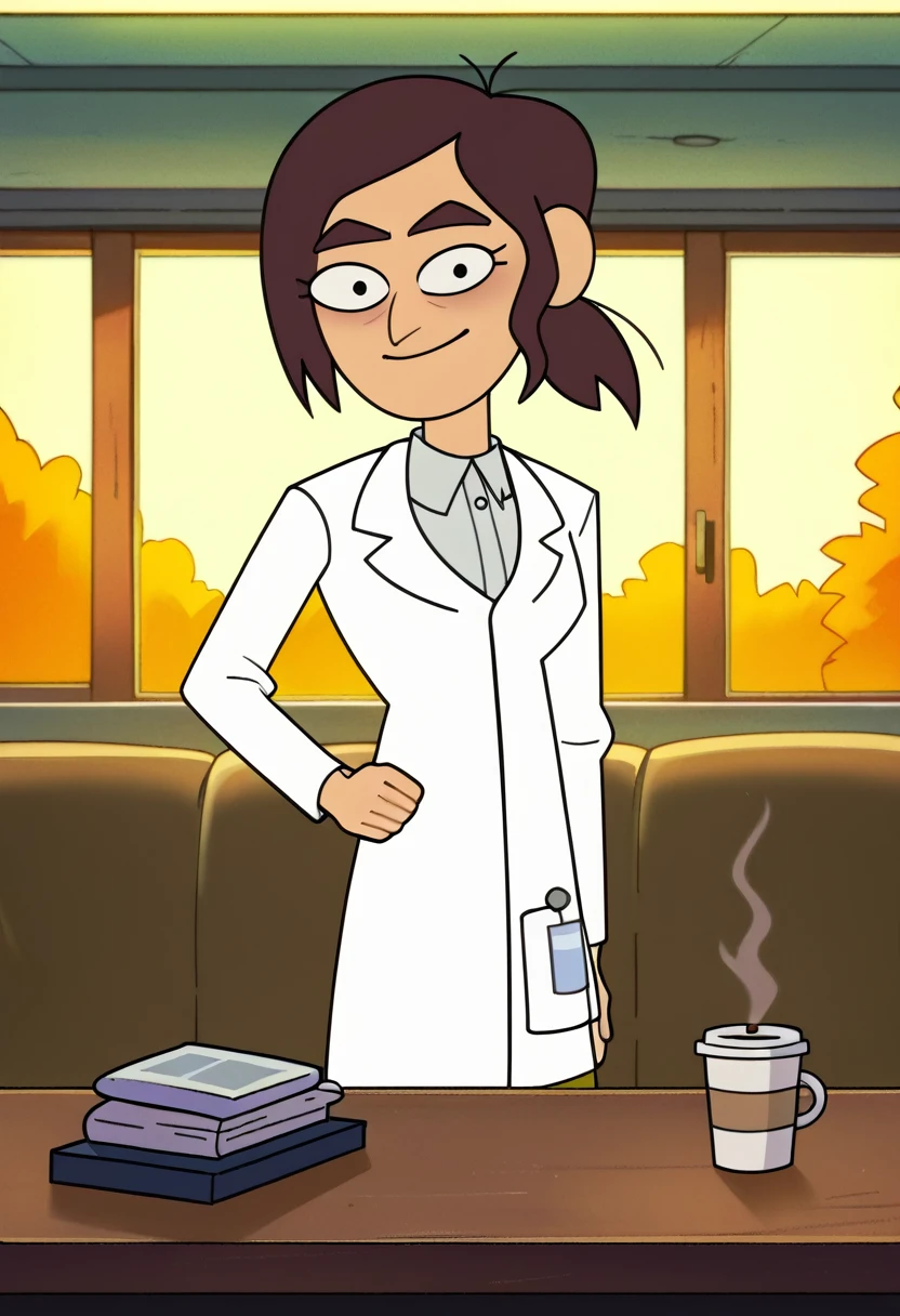 reaganij, 1girl, short ponytail, solo, brown hair, labcoat, grey shirt, indoors, thick eyebrows, looking at viewer,, score_9, score_8_up, score_7_up, score_6_up, score_5_up, score_4_up ,smile, holding, coffee cup, hand on own hip,