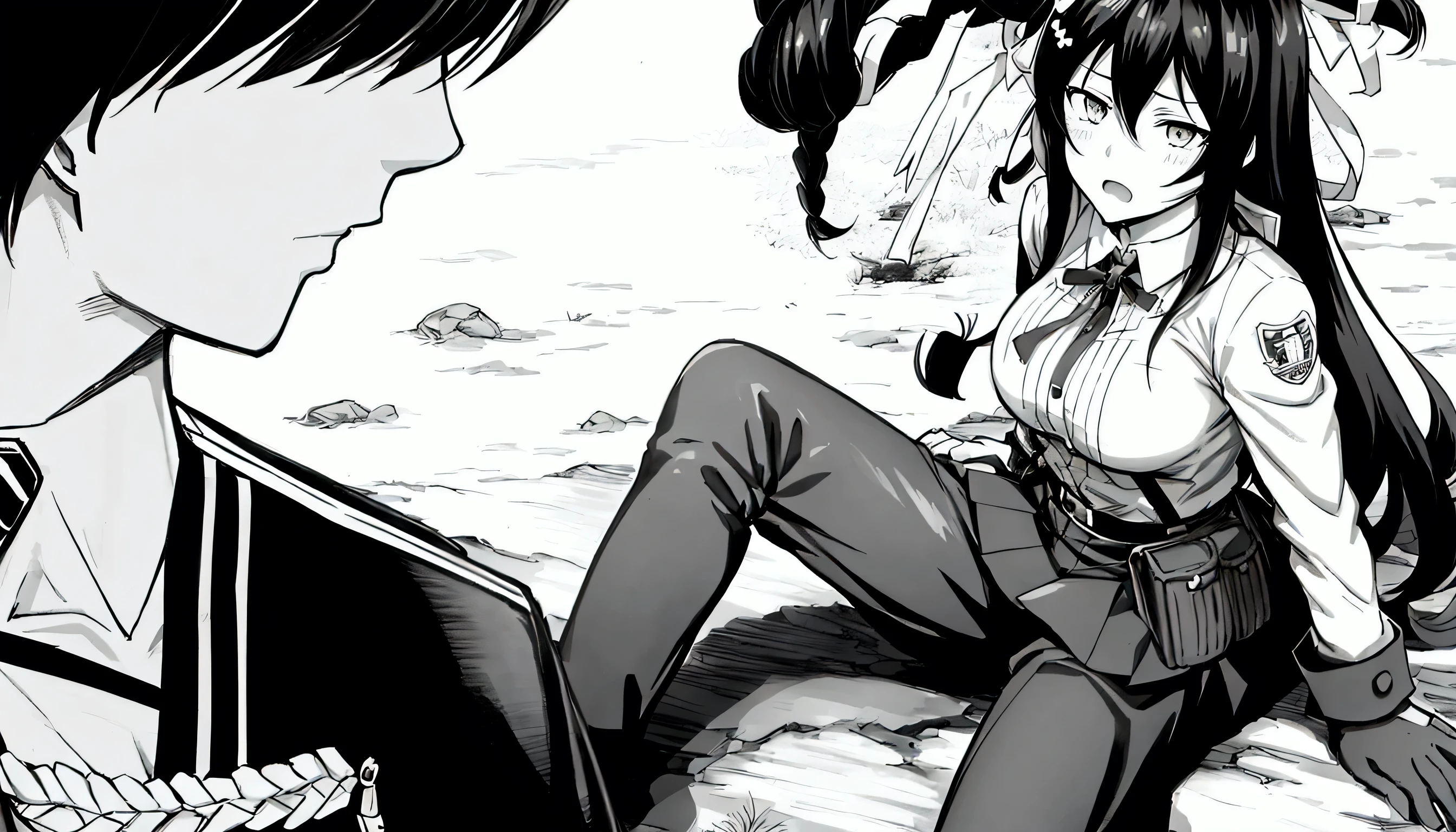 anime image of a man and a woman sitting on a bench, black and white manga panel, noire moody scene, black and white manga style, black and white manga, black and white manga page, black and white manga comic, from attack on titan, the anime girl is crouching, snk, akane owari danganronpa, black lagoon manga