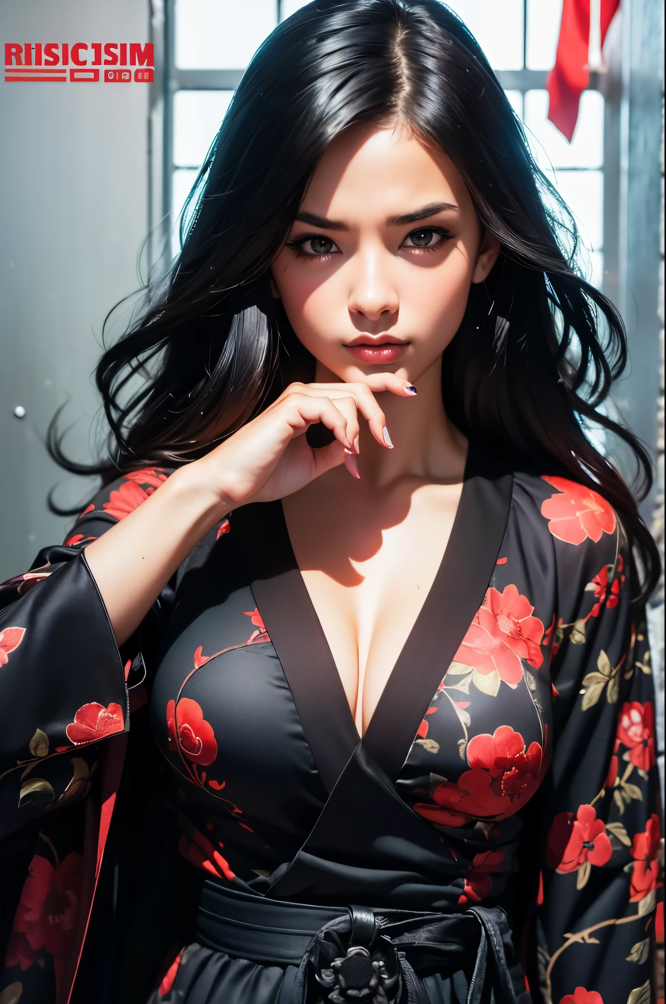 realisitic, 1girl, high quality fingers, normal hands, detailed fingers, Masterpiece artwork, (realisitic, foto-realisitic: 1.37), realisitic, 1girl, long hair:1.5, Black hair:1.2, Eyes red:1.5, glare eyes, mortal kombat, ninja assassin, bloodstains, cicatriz, canons, kimono, ful dressed, mortal kombat continues, struggling pose, serene gaze, temple, meditation, injuries, cover half the face, (sweat: 1), view from above