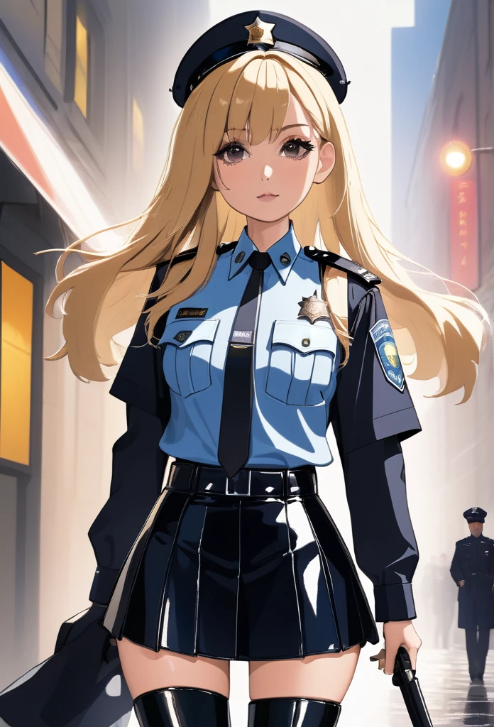 masterpiece, Highest quality, Highest quality whole body Patent leather long boots feet police police officer policewoman Police Patent leather shiny clothing miniskirt police Female police officer