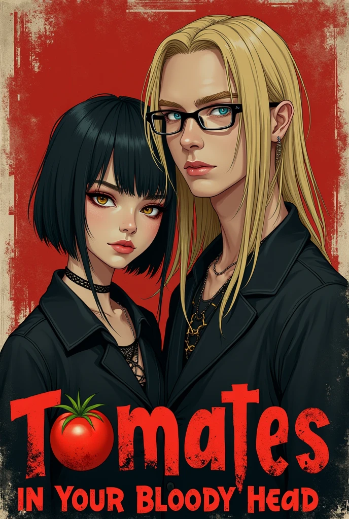 for metal rock band named 'Tomatoes in your Bloody Head', put the nam of the band on the image, with detailed letters. put a brazilian emo girl (with light skin and drak short hair and brown eyes) and a german guy (tall with blonde long hair, blue eyes, wearing glasses) on the imagem. the guy its 190cm, the girl is 157cm. the guy its thin and really pale skin. his hair is really long