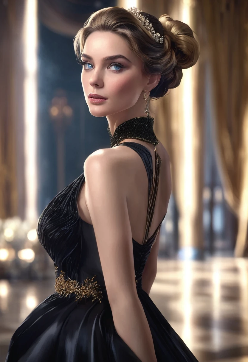 1 woman, inside a ballroom, wearing an elegant black evening dress, detailed facial features, feminine blue-gray eyes, detailed white skin, golden brown hair tied in a bun, full body shot, dramatic lighting, cinematic composition, cool palette, dark colors, atmospheric haze, strong body, thin chin, adult woman, (best quality, 4K, 8K, high-res, art: 1.2), ultra-detailed, (realistic, photorealistic, photorealistic: 1.37)