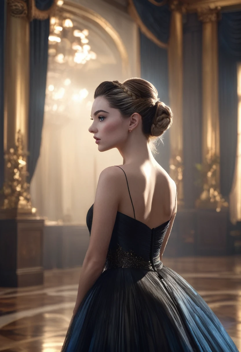 1 woman, inside a ballroom, wearing an elegant black evening dress, detailed facial features, feminine blue-gray eyes, detailed white skin, golden brown hair tied in a bun, full body shot, dramatic lighting, cinematic composition, cool palette, dark colors, atmospheric haze, strong body, thin chin, adult woman, (best quality, 4K, 8K, high-res, art: 1.2), ultra-detailed, (realistic, photorealistic, photorealistic: 1.37)