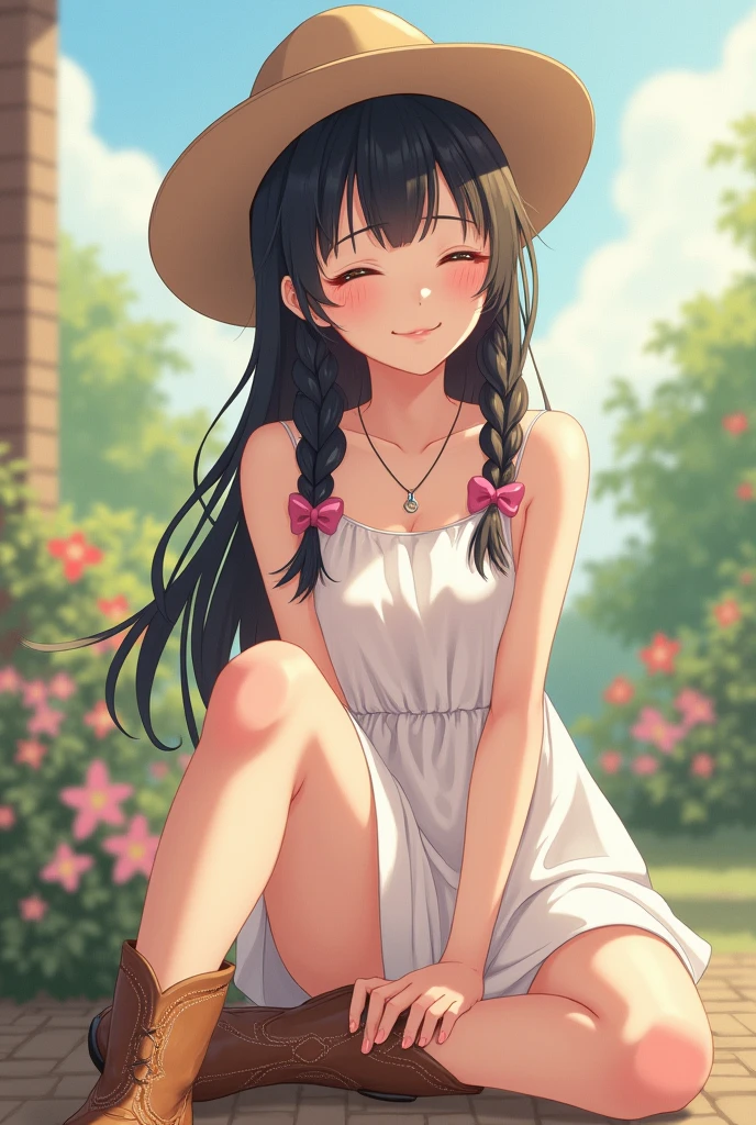 work of art, good quality, very aesthetic, proportional body, , columbina /(:genshin impact:)/ long black hair with pink coming out just from the nape of the neck to the ends, thin braided low pigtails, white dress with spaghetti straps above the knees, country styled brown cowboy boots, country styled brown cowboy hat, pale skin, closed eyes, little smile, very small breasts,d background
