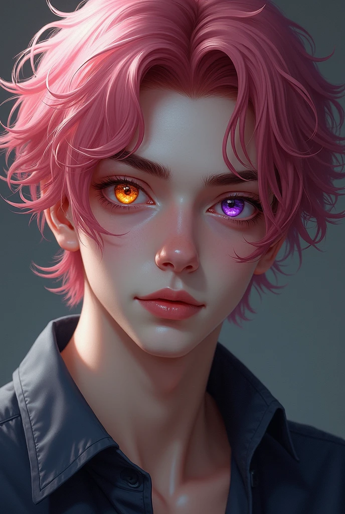 Checkpoint Handsome young man, cherry pink hair, wavy to his shoulders, one of his eyes is golden and the other purple.