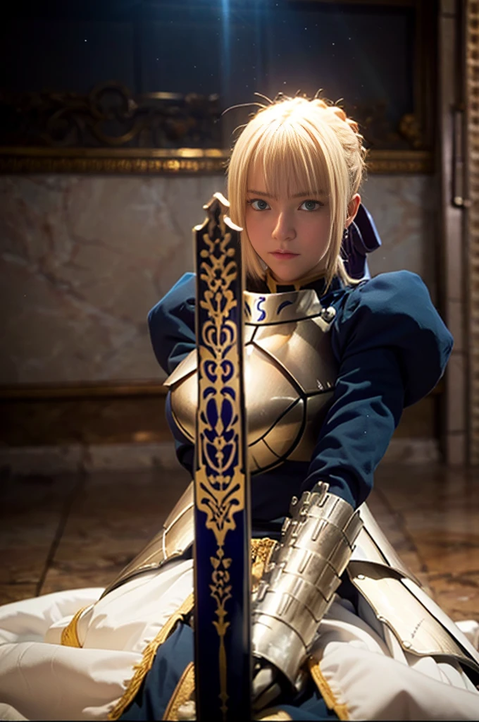 1girl,((())),(a blond), (braided single hair bun)), (huge breast:1.5), (((armor))), ((beautiful anime eyes with fine detail)), ((indigo blue ribbon)), realistic skin, (intricate details), ((lighting forward)), depth field, ((ultra high resolution, high res)), {highres}, {{very fine 8KCG wallpapers}}, {{very precise detailed}}, ((((masterpiece)))),background old castle, ((grasp a golden sword)),