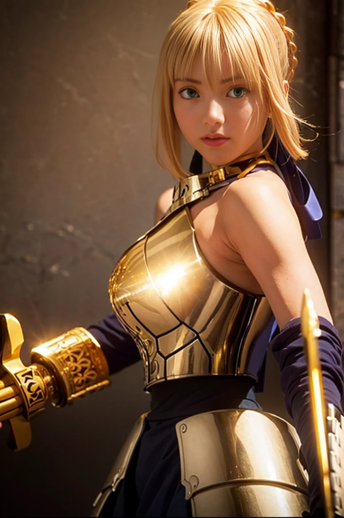 1girl,((())),(a blond), (braided single hair bun)), (huge breast:1.5), (((armor))), ((beautiful anime eyes with fine detail)), ((indigo blue ribbon)), realistic skin, (intricate details), ((lighting forward)), depth field, ((ultra high resolution, high res)), {highres}, {{very fine 8KCG wallpapers}}, {{very precise detailed}}, ((((masterpiece)))),background old castle, ((grasp a golden sword)),