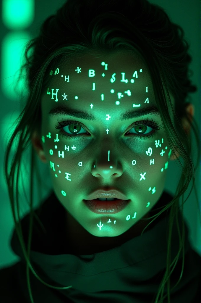 Close-up of a woman's face, glowing green holographic equations, projected onto the skin. gaze, Realistic Features. dark background, cyberpunk aesthetics. Glowing Mathematical Formulas, handwritten style. Futuristic, High-tech atmosphere. photorealistic rendering, dramatic lighting, sharp contrast