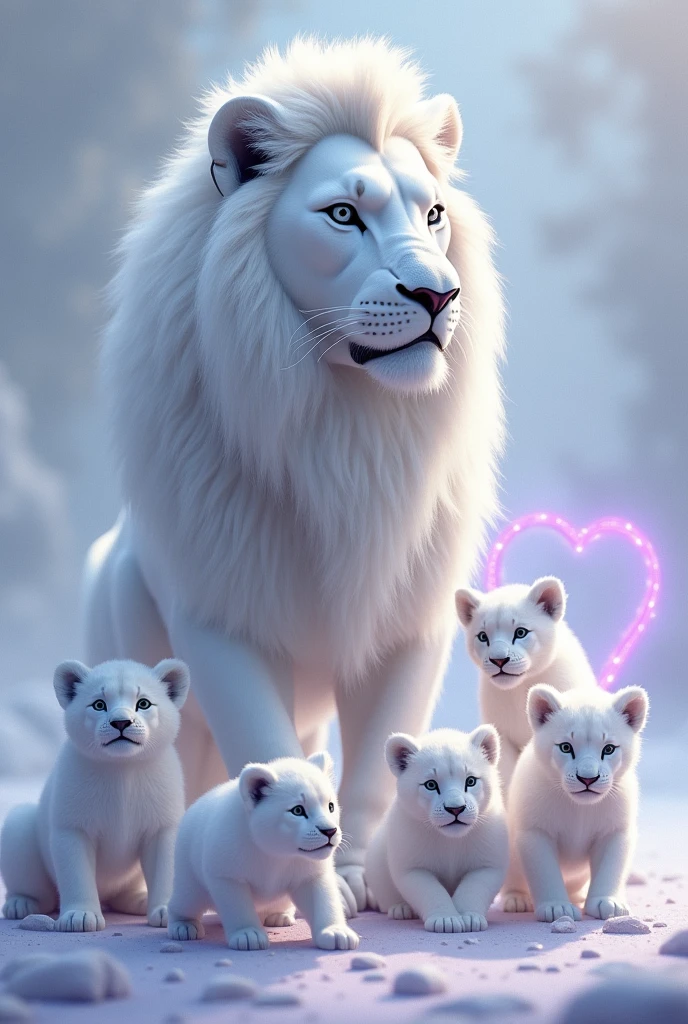 Create a white lion king and white lioness queen with purple heart next to it. And five puppies.The lion couple and 5 smaller lions