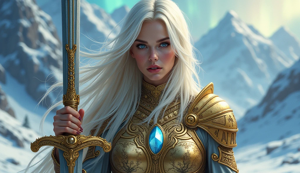 A waist-up view of a breathtakingly beautiful Valkyrie in intricate Scandinavian style, set against a backdrop of majestic, snow-capped mountains. The Valkyrie is a striking blonde woman with long, flowing white hair that seems to dance in an unseen wind. Her piercing blue eyes reflect determination and otherworldly wisdom, complementing her flawless, radiant skin.
She's adorned in elaborate golden armor, intricately engraved with Norse runes and patterns. The breastplate features a central design of Yggdrasil, the world tree. Her pauldrons are shaped like snarling wolf heads, adding a fierce touch to her ethereal beauty.
In her right hand, she firmly grasps a magnificent sword by the hilt. The sword's pommel is adorned with a large, glowing blue gem. Special focus on her fingers: they're strong yet graceful, gripping the ornate hilt with practiced ease.
Her face, shown in detail, bears a determined and intense expression. Her high cheekbones and perfectly shaped lips contribute to her stunning appearance. Her brow is slightly furrowed in concentration, adding depth to her expression without diminishing her beauty.
The lighting is dramatic, with a golden glow seeming to emanate from her armor, contrasting sharply with the cool blues and whites of the snowy mountain background. Northern lights shimmer faintly in the sky behind her, adding an ethereal quality to the scene.
Subtle details like frost on the edges of her armor and wisps of fog around her feet add depth and atmosphere to the image. The overall style should evoke traditional Scandinavian art, with a modern, high-fantasy twist, emphasizing the Valkyrie's beauty and power.