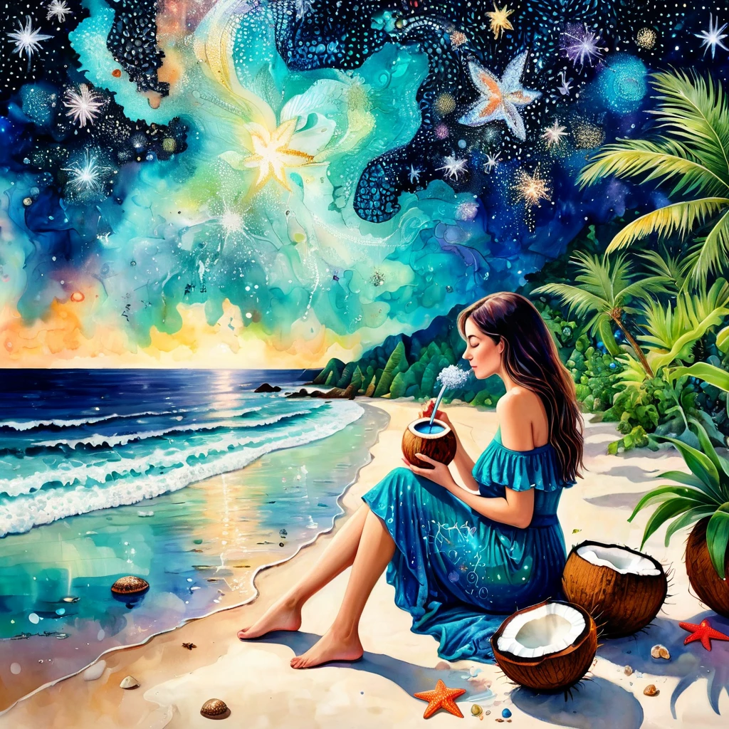 Beautiful woman on a beach terrace drinking from a coconut，microorganism、plantar、Marine life、starry sky，Stitching an abstract painting，Describing the inner world of autistic people，Sense of space，Blank space，interesting，Innocence，psychedelic art