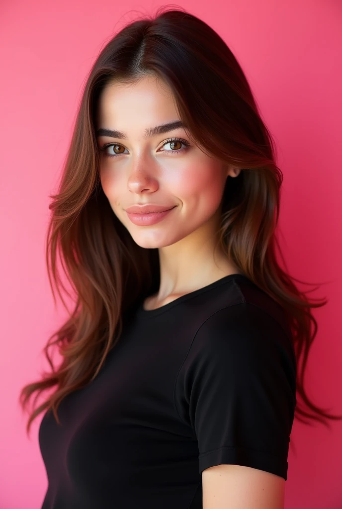 , Age 22, chestnut hair, smooth ass, Brown eyes, with a black short sleeve top, bright pink background