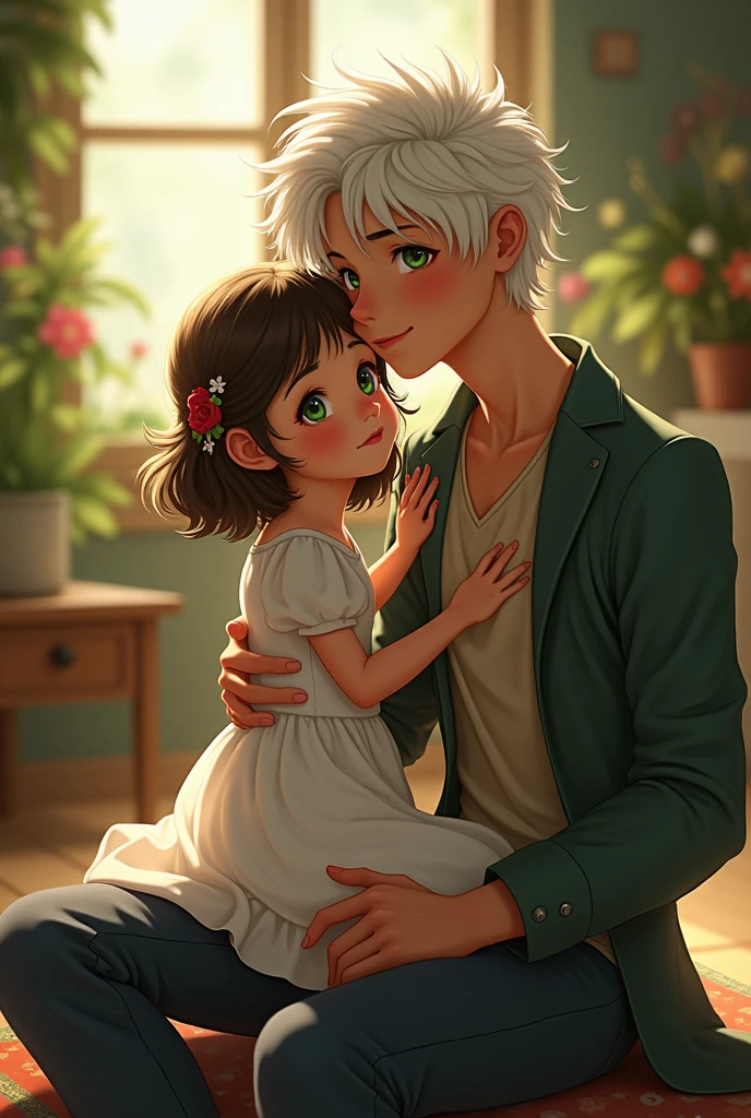 A girl on the lap of a tall boy with green eyes, white hair and a mischievous smile 