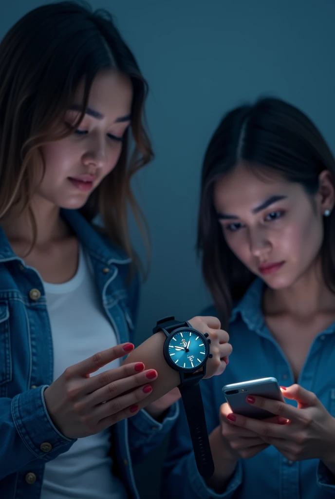 Hands with a watch on, the watch saying it&#39;s 2 am and in the background two different women. One is on her cell phone and the other is taking a photo of herself with a cell phone.