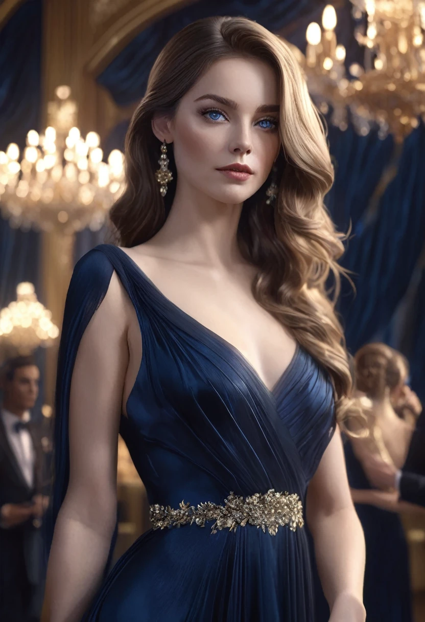 1 woman, inside a ballroom, wearing an elegant sensual dark blue evening dress, detailed facial features, feminine gray-blue eyes, detailed white skin, very long golden brown hair, full body shot, dramatic lighting, cinematic composition, cool palette, dark colors, atmospheric haze, strong body, thin chin, adult woman, very beautiful (best quality, 4K, 8K, high resolution, art: 1.2), ultra detailed, (realistic, photorealistic, photorealistic: 1.37)