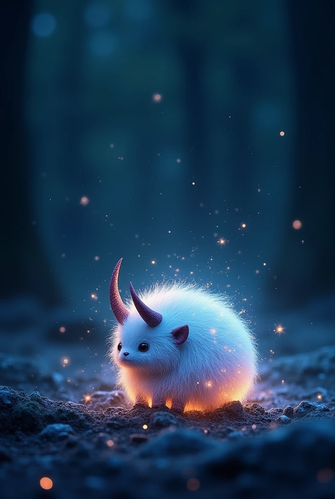 A furry little ball in the night with glitter around it and horns