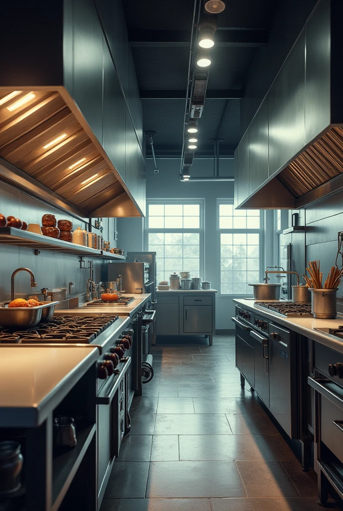 (Photorealism:1.2), industrial kitchen of a business hotel