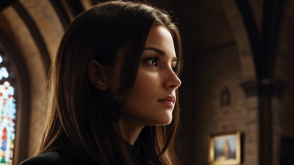  (Better image quality)A man, with dark clothing, looking at a beautiful woman with brown eyes and brown hair;in a Christian church ;very realistic image .