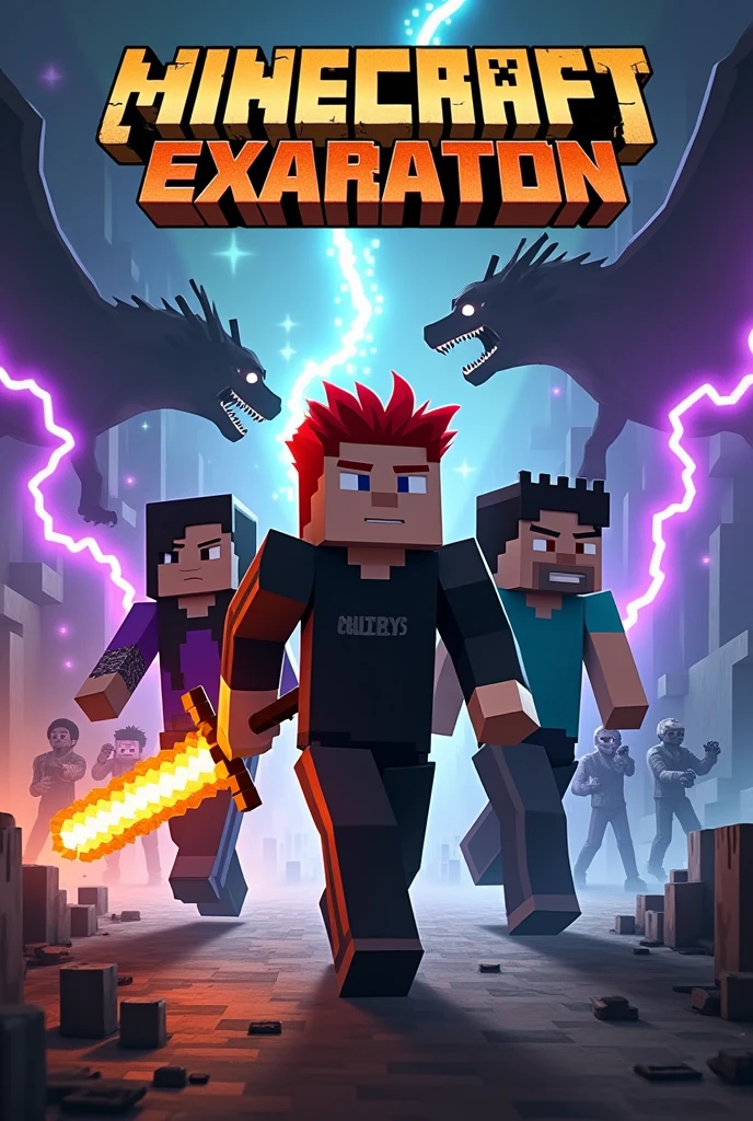 Square Minecraft cover with three players, the one in front with black long sleeve shirt skin and black pants, and red hair, holding a flaming sword,the one on the left is a girl with purple and black skin and black hair, and on the right side a boy with blue and black skin clothes with black hair, running away from fire dragons, electric and ice flying and breathing fire, throwing purple lightning and freezing the scene behind them, and fierce zombies and behind, with a big golden title written "Minecraft Exaraton"